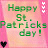 Pixelated green text reads 'Happy St. Patricks day!' on a pink gradient background with heart symbols.