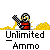 Pixel art animation of a character with red torso and black limbs firing a weapon, showing four sequential frames with yellow ground, white muzzle flash, and "Unlimited Ammo" text below.