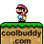 Pixel art animation of Mario character in four frames showing standing, jumping, and running poses above green-topped brown platforms with "coolbuddy.com" text.
