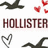 Pixelated icon with pink background, white text, and dark bird silhouettes, featuring 'HOLLISTER' and 'LOVE' text elements and red heart symbols.