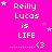 A bright pink background displays repeated text 'Reilly Lucas is LIFE' with dotted lines and a heart symbol, surrounded by small white stars.