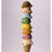 Pixelated image of a tall ice cream cone with multiple scoops on light gray background, surrounded by green with blue text
