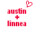 Red pixelated text 'austin + linnea' with a red heart symbol above the text on a white background.