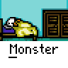 Animated contact sheet showing 22 sequential frames of a pixel art monster character interacting with a bed and wardrobe in a room, displayed as a grid of 5x5 panels on gray background.