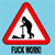 A triangular warning sign with a red border and white background shows a black silhouette of a person bending over a shovel, with a dark shape on the ground, set against a light blue background.