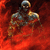 Pixelated figure in dynamic pose against red background, wearing metallic helmet and armor with visible chest plate and shoulder pads.