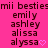 A static image with a bright pink background displays repeated text in dark brown pixelated font, including 'mii besties', 'emily', 'ashley', 'alissa', and 'alyssa' followed by a small heart symbol.
