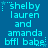 A static image with cyan text on a blue background displaying 'shelby lauren and amanda bffl babe' repeated in three , each containing six identical copies of the phrase
