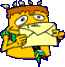 Yellow cartoon character with brown hair and blue outline holding a yellow envelope, eyes shifting from open to squinted expression.