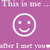 Purple background with white pixelated text and a smiley face icon in the center.