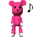 Pixelated pink teddy bear with white paws and black eyes, shown in six distinct poses against a gray background with musical note symbols.