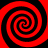 Four red and black spiral patterns arranged in a on a solid red background, each spiral rotating clockwise with alternating red and black bands
