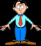 Animated cartoon character in light blue shirt, red tie, and blue pants with two distinct poses showing different upper body states.