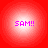 Four identical circular icons with red outer rings and white centers display 'SAM!!' in pink pixelated text on a solid red background.