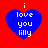 Four blue heart shapes on a red background, each containing white text reading 'i love you lilly' with the letter 'i' positioned above the heart.