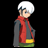 Pixel art contact sheet showing a character and text elements on black background with gray transparency grid.
