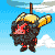 A 3x3 contact sheet of a pixel-art animated icon showing a character with black fur, red eyes, and yellow backpack-like structure against a blue sky background, transitioning through multiple frames including explosion effects.