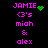 Pixelated text displays 'JAMIE', '(3's', 'miah', '&', 'alex' in bright pink on black background with green pixel symbols changing across frames.