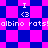 Pixelated icon with blue and pink checkered background, repeating text 'albino rats!', and small symbols above the text.