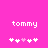 Pixelated text 'tommy' in white on bright pink background with five white and one light pink heart symbols below.