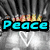 Four distinct pixelated display text and symbols: 'Peace' over a sunburst, 'TUU' under a rainbow, 'Da' on a colorful burst, and 'World!' with peace signs