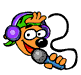 Pixelated cartoon character with orange face, green hair, purple headphones, holding microphone; mouth open in smile on left frame, closed on right frame.
