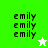 Green and white pixelated with repeated 'emily' text and star symbols in different states