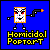 Pixel art character with orange border, red eyes, and patterned body holding black gun against blue background; text below changes from yellow to red.