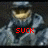 Pixelated character with yellow eyes and gray armor displays red text reading SUCK IT REDS! across three
