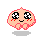 Pixel art contact sheet showing two frames of a pink cartoon character with large eyes and blush marks, one smiling and the other with an open mouth.