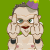 Animated cartoon character with purple flower headband performing various hand gestures and facial expressions against green background.