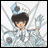 Pixelated anime-style character with dark hair and blue headpiece holding a glowing object against light background, next to black with white text