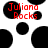 Red pixelated text "Julianna Rocks" on black circular shapes against a white background with additional black circles.