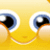Static yellow cartoon face with large blue eyes and a subtle smile on a gradient background.