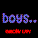 Pixelated text 'boys...' in blue-purple hues above red pixelated shapes on black background.