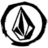 Black and white circular logo with a stylized mountain inside, surrounded by repeating blue "Volcom" text on a red background.