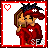 Pixel art contact sheet of two animated frames showing a cartoon woman in red clothing with heart symbols and white crosses on her outfit, framed by a red border with pixelated hearts.