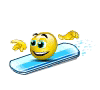 Animated yellow emoji face on blue snowboard with arms raised, showing sequential motion frames of smiling expression and hand positions.