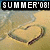 Pixelated beach scene with heart-shaped sand drawing, overlaid text 'SUMMER'08' in blocky white letters on black banner.