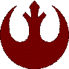 Red pixelated symbol with curved arms and central spire, displayed in four vertical arrangements showing mirrored or rotated variations.
