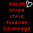 Red pixelated text on black background with white heart symbol above 'sarah' in left ; identical right shows no visible changes