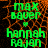 Green pixelated text reads 'MAX BAUER & HANNAH RAJAN' over an orange web-like background with a gray rectangle on the right.