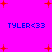 Bright pink background with red plus signs scattered , displaying four instances of blue text "TYLER<33" in a