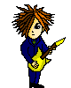 Pixel art character with spiky brown-orange hair, blue outfit, and yellow electric guitar against gray background.