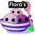 Pixelated ice cream cone with two scoops, pink and purple top scoop has three black eyes, green heart on side, text "Flora's" above.
