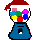 Pixel art of a gumball machine wearing a Santa hat with red and white colors, blue base, and colorful round candies inside.