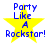 Yellow star with blue text "Party Like A Rockstar!" arranged in four , displayed as a static image