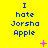Yellow background with blue text reading "I hate Jorsha Apple" repeated in a , pink plus and X symbols scattered across the