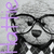 Black-and-white pixelated image of a teddy bear wearing glasses, with purple text overlays and a 'click here' button on the right side.