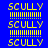Yellow pixelated text 'SCULLY' and horizontal lines on blue, green, and teal backgrounds with repeated patterns.